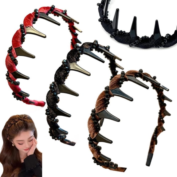 3-Pack Retro High Skull Pearl Headband, Women's Fashion Hair Accessories with Braided Teeth Design, Non-Slip Wearable Both Ways to Create Volume