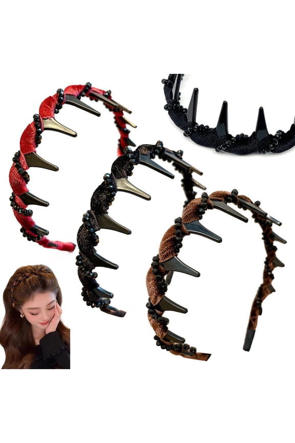 3-Pack Retro High Skull Pearl Headband, Women's Fashion Hair Accessories with Braided Teeth Design, Non-Slip Wearable Both Ways to Create Volume