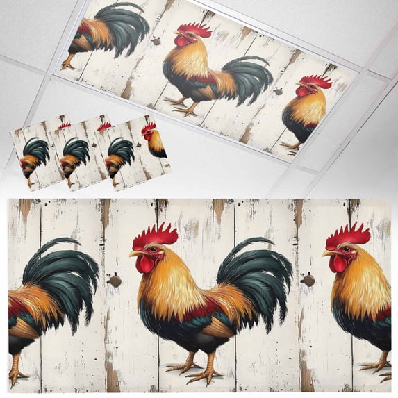 3 Pack Retro Rooster Fluorescent Light Covers for Ceiling Lights Colorful Chicken Vintage Broad Watercolor Magnetic Ceiling Light Covers Overhead Light Filters for Office Classroom Home