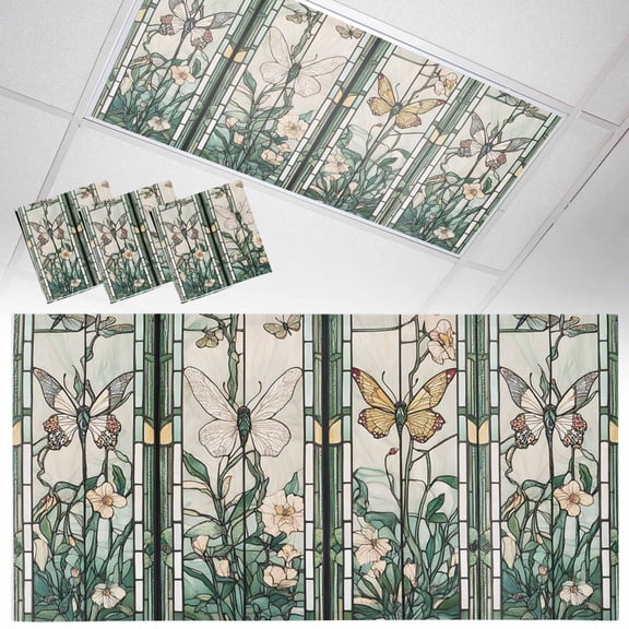 3 Pack Retro Window Flowering Fluorescent Light Covers for Ceiling Lights Green Floral Leaf Butterflies Magnetic Ceiling Light Covers Overhead Light Filters for Office Classroom Home