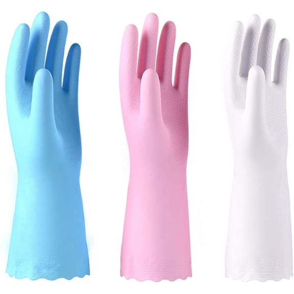 3 Pack Reusable Cleaning Gloves Latex Free, Dishwashing with Cotton Flock Liner and Embossed Palm, Waterproof Household for Laundry, Gardening (Mum)