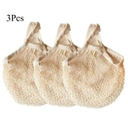 3 Pack Reusable Cotton Mesh Grocery Bags, Beige Drawstring Net Shopping Bags, Breathable Reusable Storage Tote Bags