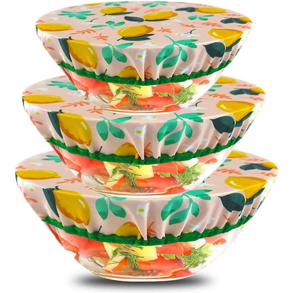 3 Pack Reusable Elastic Bowl Covers 8-10 Inch Cotton Fabric Food Storage Lids Washable Sealing Covers for Fruit Dough Bread Lemon Pattern