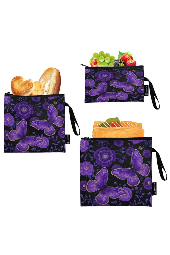 3 Pack Reusable Food Storage Bags Eco-Friendly Food-Grade EVA Film Material Suitable for Lunches Picnics Travel and Work Retro Purple Butterfly and Flowers