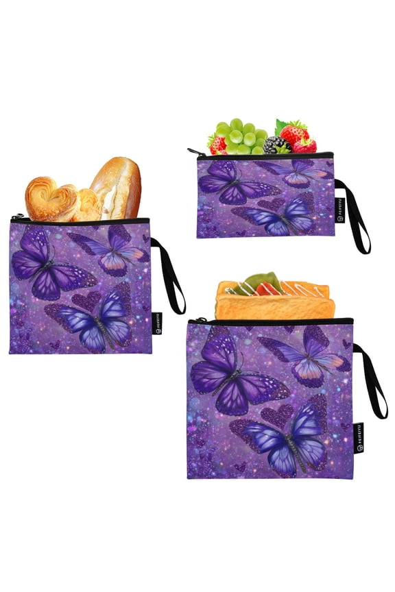 3 Pack Reusable Food Storage Bags Eco-Friendly Food-Grade EVA Film Material Suitable for Lunches Picnics Travel and Work Shimmering Purple Butterflies