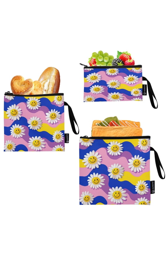 3 Pack Reusable Food Storage Bags Eco-Friendly Food-Grade EVA Film Material Suitable for Lunches Picnics Travel and Work Smiling Daisies on Assorted Backgrounds
