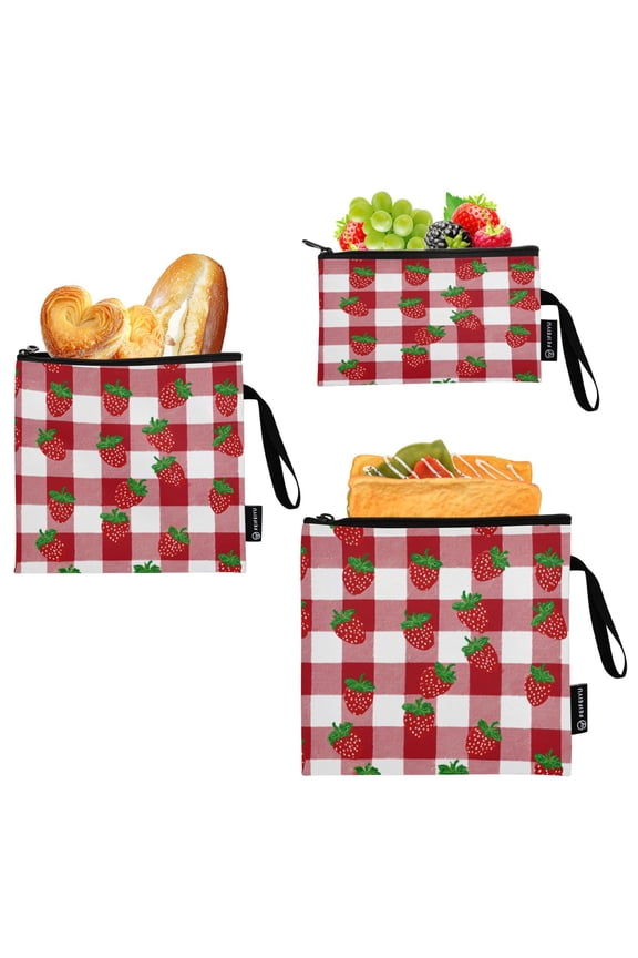 3 Pack Reusable Food Storage Bags Eco-Friendly Food-Grade EVA Film Material Suitable for Lunches Picnics Travel and Work Strawberries on A Plaid Shirt