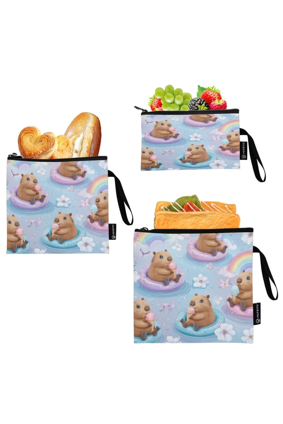 3 Pack Reusable Food Storage Bags Eco-Friendly Food-Grade EVA Film Material Suitable for Lunches Picnics Travel and Work Capybaras Eating Ice Cream