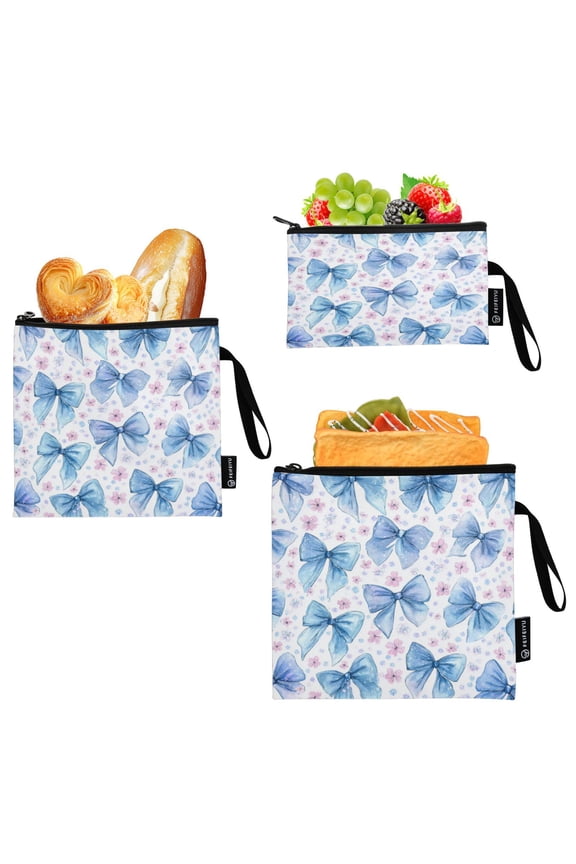 3 Pack Reusable Food Storage Bags Eco-Friendly Food-Grade EVA Film Material Suitable for Lunches Picnics Travel and Work Cute Light Blue Bows Pattern