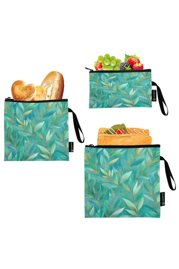 3 Pack Reusable Food Storage Bags Eco-Friendly Food-Grade EVA Film Material Suitable for Lunches Picnics Travel and Work Gold Teal Leaves