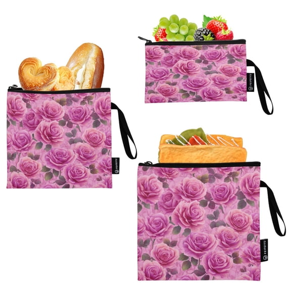 3 Pack Reusable Food Storage Bags Eco-Friendly Food-Grade EVA Film Material Suitable for Lunches Picnics Travel and Work Magenta-red Roses Pattern
