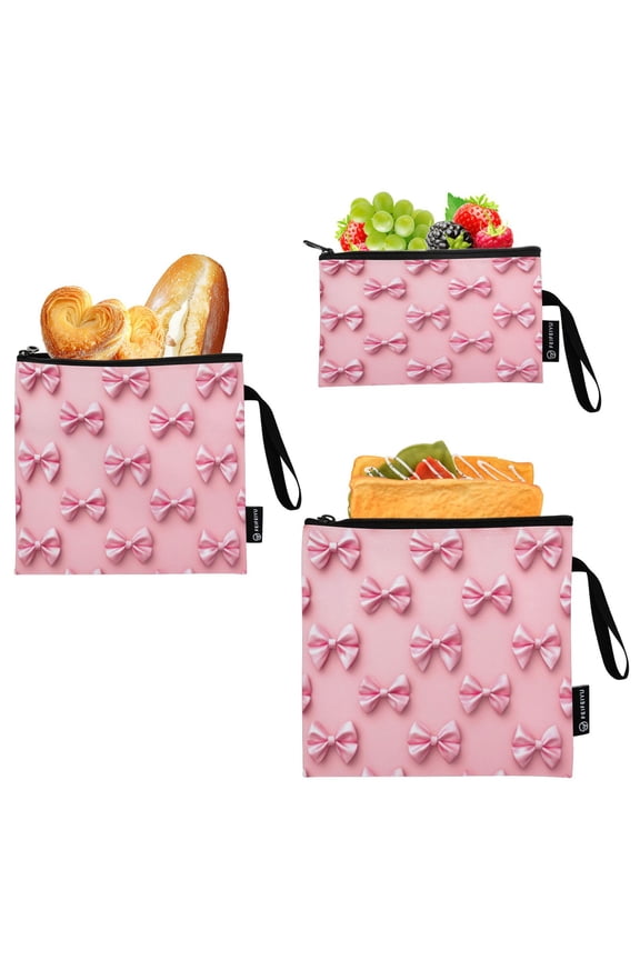 3 Pack Reusable Food Storage Bags Eco-Friendly Food-Grade EVA Film Material Suitable for Lunches Picnics Travel and Work Pink Simple Bows