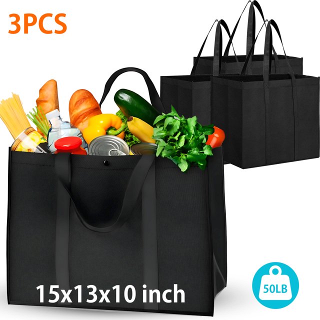 3 Pack Reusable Grocery Bags, Foldable Heavy Duty Shopping Bags, Hold