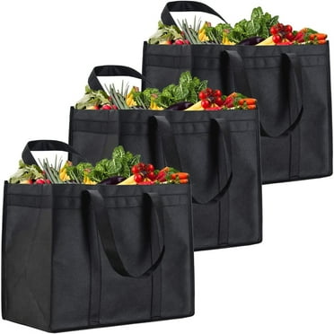 3 Pack Reusable Grocery Bags, Foldable Shopping Cart Bags, Washable Large Storage Reusable Bags, Grocery Tote Bag with Reinforced Handles & Thick Plastic Support Bottom