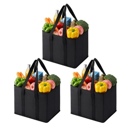 3 Pack Reusable Grocery Bags,Shopping Bags for groceries,Utility Tote with Handles and Hard Bottom,Foldable Shopping Cart Organizer,Multi-Purpose,Heavy-Duty (Black,6 Gallon-3 Pack