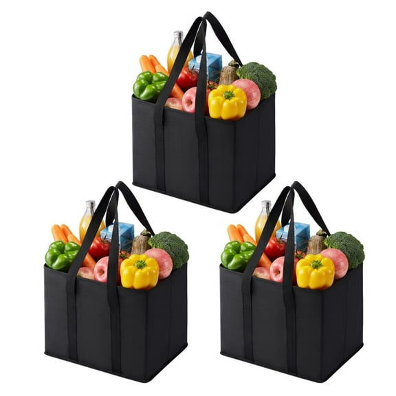 3 Pack Reusable Grocery Bags,Shopping Bags for groceries,Utility Tote with Handles and Hard Bottom,Foldable Shopping Cart Organizer,Multi-Purpose,Heavy-Duty (Black,6 Gallon-3 Pack