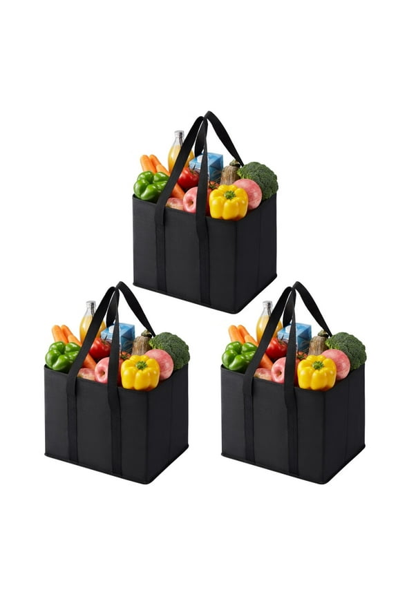 3 Pack Reusable Grocery Bags,Shopping Bags for groceries,Utility Tote with Handles and Hard Bottom,Foldable Shopping Cart Organizer,Multi-Purpose,Heavy-Duty (Black,6 Gallon-3 Pack