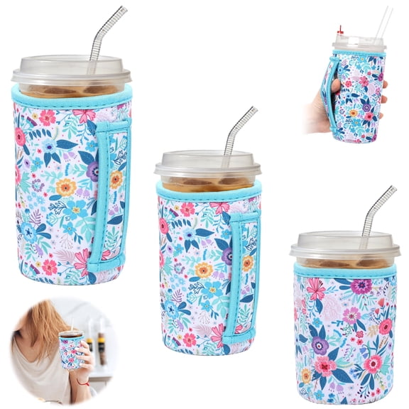 Iced Coffee Sleeves with Handle, 4mm Neoprene Cup Sleeve for Cold Drinks, Fits 16-32oz Cups, 3 Pack, White Flower Bush