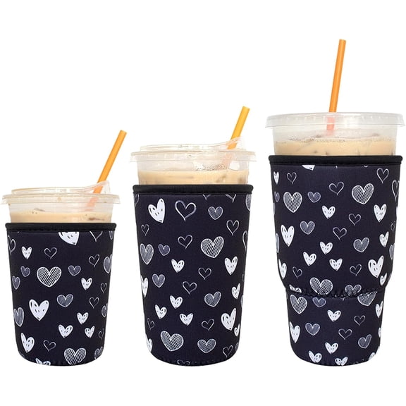 3 Pack Reusable Iced Coffee Sleeves - Insulator Sleeve for Cold Beverages, Neoprene Coffee Cup Holder (Heart)
