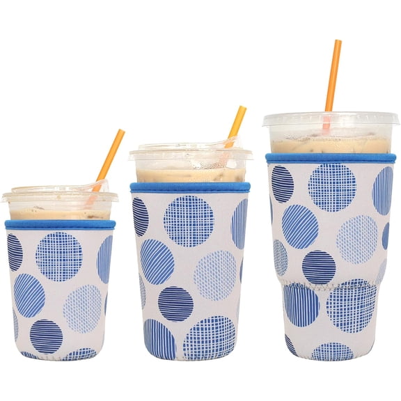 3 Pack Reusable Iced Coffee Sleeves - Insulator Sleeve for Cold Beverages, Neoprene Coffee Cup Holder (Line Circle)
