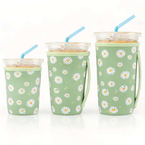 3 Pack Reusable Iced Coffee Sleeves for Iced Coffee Cups or Drinks Reusable Neoprene Insulated Sleeves for Hot and Cold Drinks(Green Daisy)