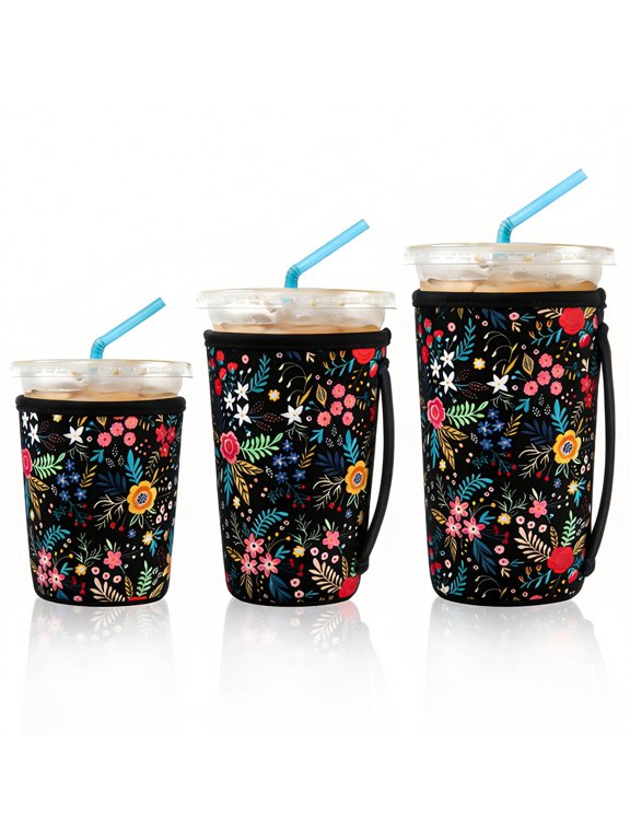 3 Pack Reusable Iced Coffee Sleeves for Iced Coffee Cups or Drinks Reusable Neoprene Insulated Sleeves for Hot and Cold Drinks (Little Flower)