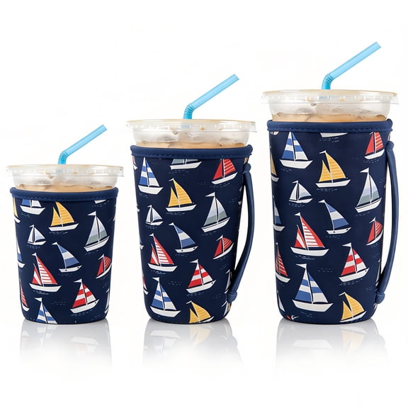 3 Pack Reusable Iced Coffee Sleeves for Iced Coffee Cups or Drinks Reusable Neoprene Insulated Sleeves for Hot and Cold Drinks(Sailboat)