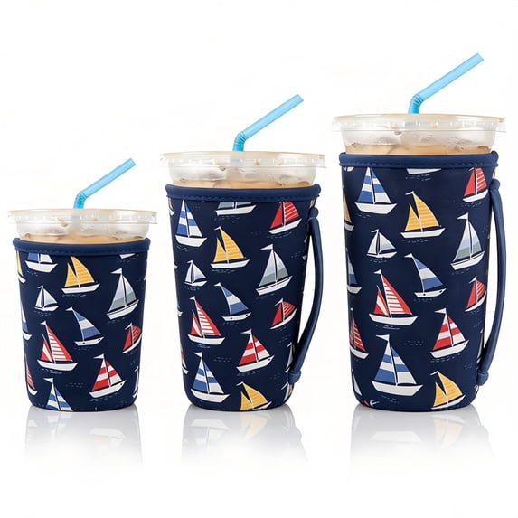 3 Pack Reusable Iced Coffee Sleeves for Iced Coffee Cups or Drinks Reusable Neoprene Insulated Sleeves for Hot and Cold Drinks(Sailboat)