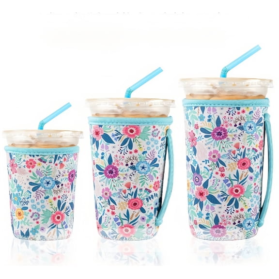 3 Pack Reusable Iced Coffee Sleeves for Iced Coffee Cups or Drinks Reusable Neoprene Insulated Sleeves for Hot and Cold Drinks(White Flower)