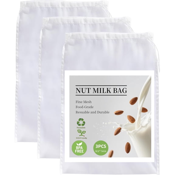 3 Pack Reusable Nut Milk Bag, Food-Grade Nylon Cheese Cloth Bag for Straining, Strong Fine Mesh Strainer Bags with Drawstring for Nut Milk, Cold Brew Coffee, Greek Yogurt, Tea and Juice, 9.5"x14"