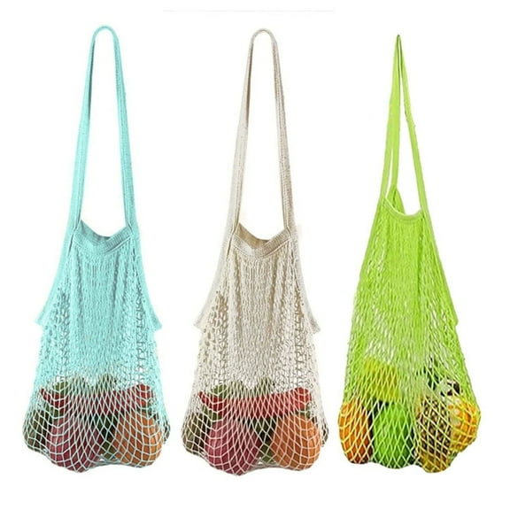 3 Pack Reusable Produce Bags Cotton Mesh Grocery Bags,Portable Washable Long Handle Shopping Bag 100% Cotton Mesh Tote Bag Fruit Bag For Shopping ,Travel And Storage Fruit Vegetable