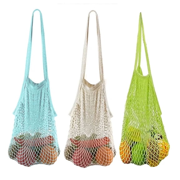 3 Pack Reusable Produce Bags Cotton Mesh Grocery Bags,Portable Washable Long Handle Shopping Bag 100% Cotton Mesh Tote Bag Fruit Bag For Shopping ,Travel And Storage Fruit Vegetable