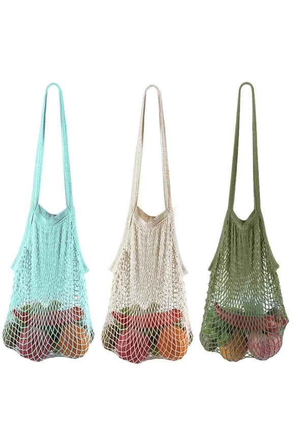 3 Pack Reusable Produce Bags Cotton Mesh Grocery Bags,Portable Washable Long Handle Shopping Bag 100% Cotton Mesh Tote Bag Vegetable Bag for Shopping and Storage Fruit Vegetable