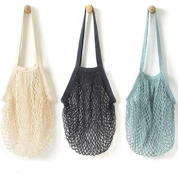 3 Pack Reusable Produce Bags Cotton Mesh Grocery Bags, Washable Portable Vegetable Fruit Bag, Cotton Mesh String Organizer Shopping Bag Handle Net Tote