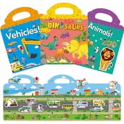 3-Pack Reusable Stickers for Kids Sticker Books for Kids Diy Educational Learning Toys, Dinosaur Vehicle Animal