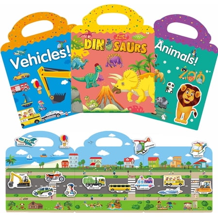 3-Pack Reusable Stickers for Kids Sticker Books for Kids Diy Educational Learning Toys, Dinosaur Vehicle Animal