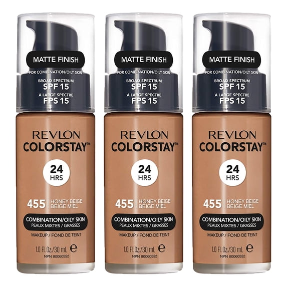 (3 Pack) Revlon ColorStay Liquid Foundation Makeup for Combination/Oily Skin SPF 15, Long Medium Full Coverage with Matte Finish, Honey Beige (455), 1.0 oz