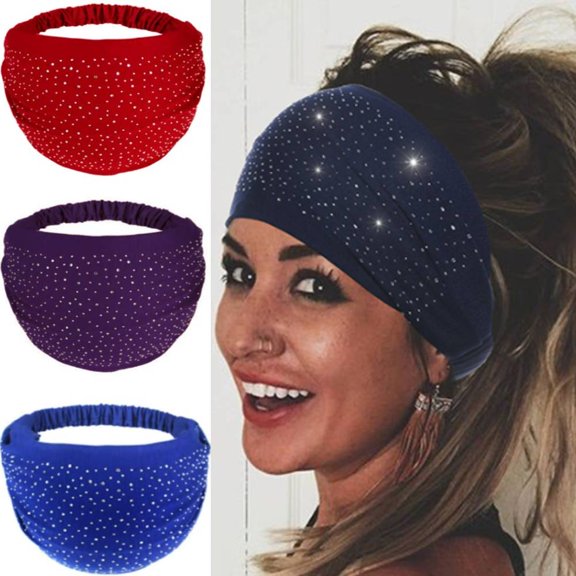 3-Pack Rhinestone Dots Wide Bandana Headband - Women's Twisted Solid Diamond Workout, Yoga & Makeup Head Wrap