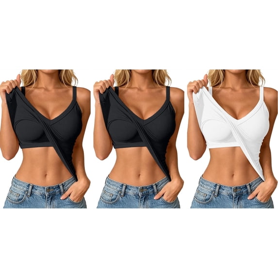 3-Pack Ribbed Tank Tops for Women Built in Bra Cropped Spaghetti Strap Sleeveless V Neck Racerback Fitted Tee Athletic Workout Casual Basic Top