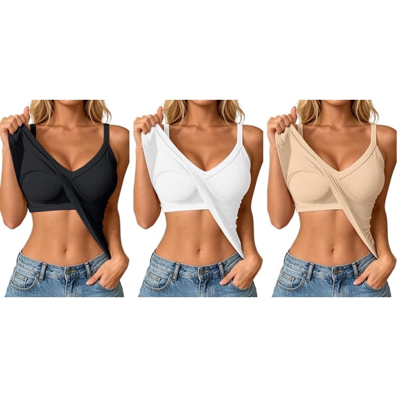 3-Pack Ribbed Tank Tops for Women Built in Bra Cropped Spaghetti Strap Sleeveless V Neck Racerback Fitted Tee Athletic Workout Casual Basic Top