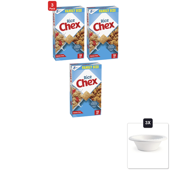 3 Pack | Rice Chex Breakfast Cereal, Homemade Chex Mix Ingredient, Family Size, 18 oz & 3x 12oz Disposable Plastic Bowl