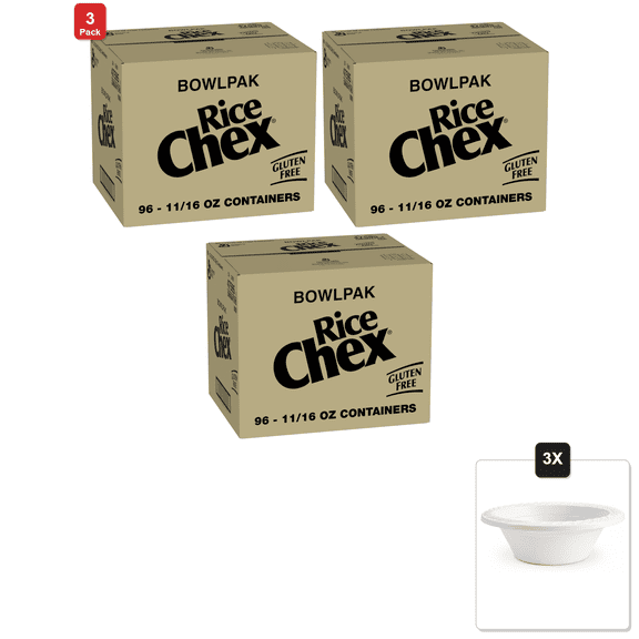 3 Pack | Rice Chex Cereal Single Serve Bowlpak (96 Count) .688 oz & 3x 12oz Disposable Plastic Bowl