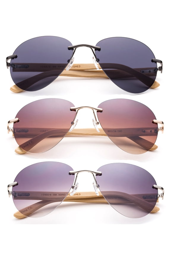 3 Pack Rimless Aviator Fashion Sunglasses for Men for Women, Bamboo Temple
