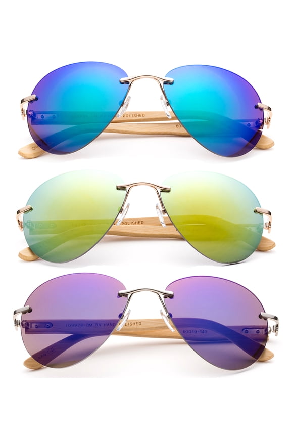 3 Pack Rimless Aviator Fashion Sunglasses for Men for Women, Bamboo Temple