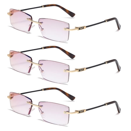 3 Pack Rimless Mens Tinted Reading Glasses Blue Light Blocking Rectangle Readers