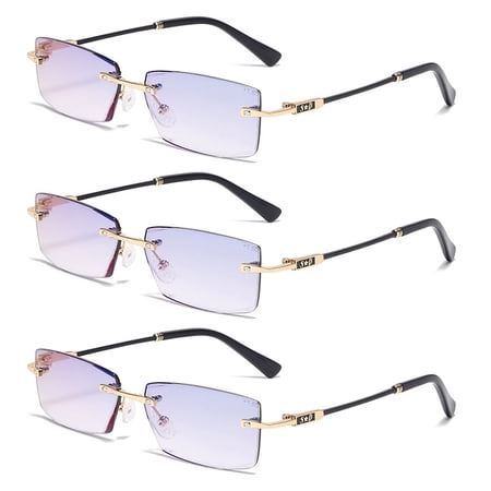 3 Pack Rimless Mens Tinted Reading Glasses Blue Light Blocking Rectangle Readers