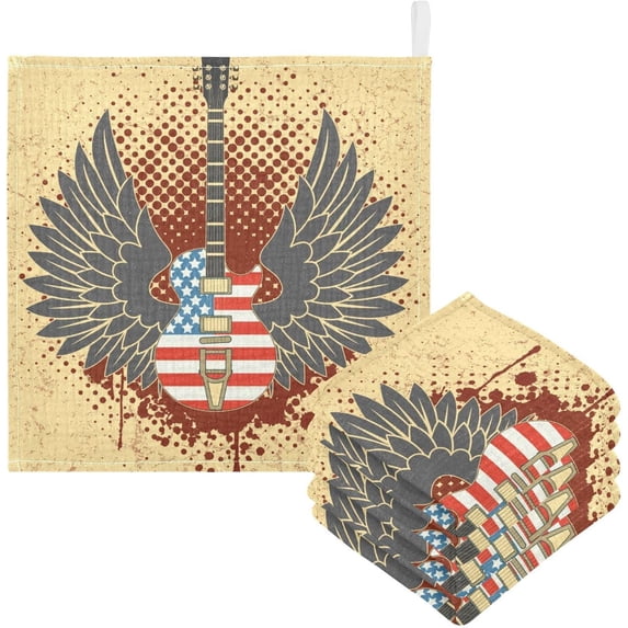 3 Pack Rock Wings Guitar Baby Muslin Wash cloths, Vintage USA Flag Soft Absorbent Face Towels Burp Cloths Cotton Bath Wipes Infant Wash Cloth for Newborn Boys Girls