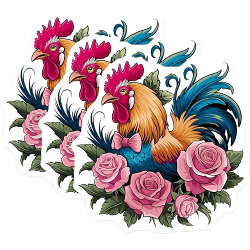 (3 Pack) Rooster Decals - Bowtie Chicken Decal - Floral Rose Decals - 3 Inches On Longest Side - Easy Peel & Apply - Made in USA - 3MCS8202