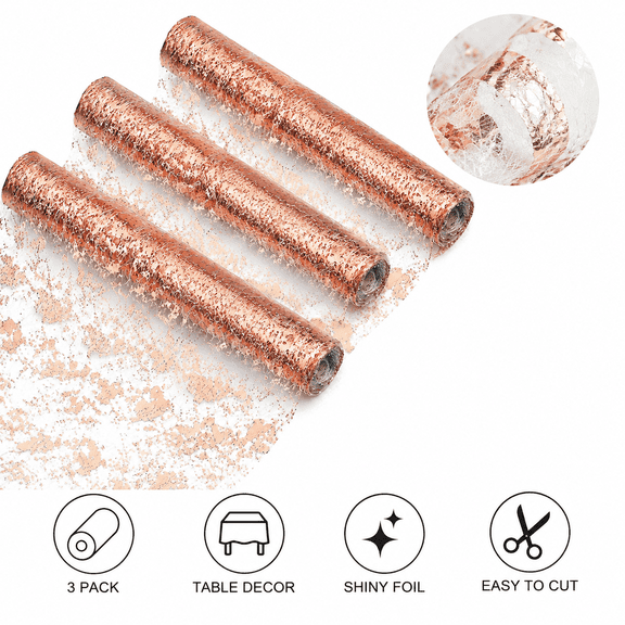 3 Pack Rose Gold Foil Mesh Table Runners, 11 x 108" Polyester Rolls for Wedding, Party and Holiday Decor