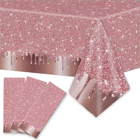 3 Pack Rose Gold Tablecloths, Sequin Printed Glitter Diamond Plastic Table Cover for Wedding Birthday Anniversary Decorations